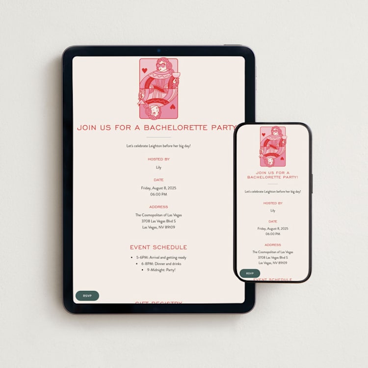 "The Queen" - Online Bachelorette Party Invitations in Rose by Jenna Holcomb - Mobile + desktop layout