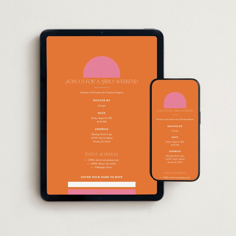"Color Block Arch" - Online Bachelorette Party Invitations in Tangerine by Maria Alou - Mobile + desktop layout