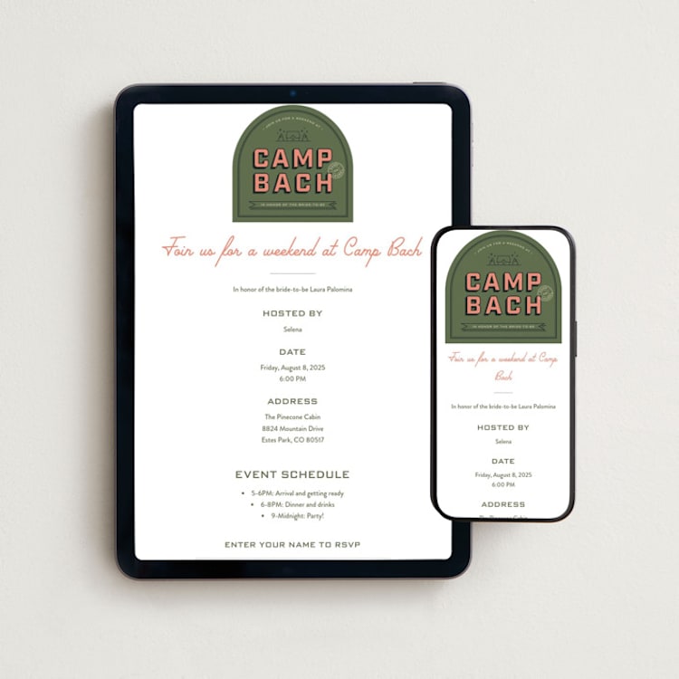 "Camp Bach" - Online Bachelorette Party Invitations in Fern by taylorVdesign - Mobile + desktop layout