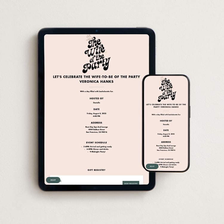 "Wife of the Party" - Online Bachelorette Party Invitations in Blush by Baumbirdy - Mobile + desktop layout