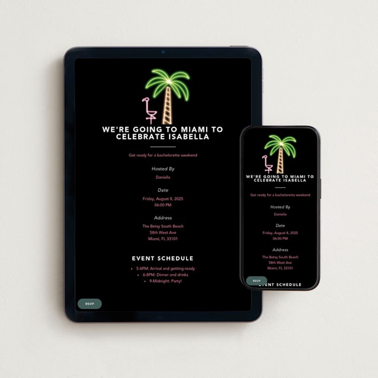 "Miami Neon" - Online Bachelorette Party Invitations in Midnight by Cindy Reynolds - Mobile + desktop layout