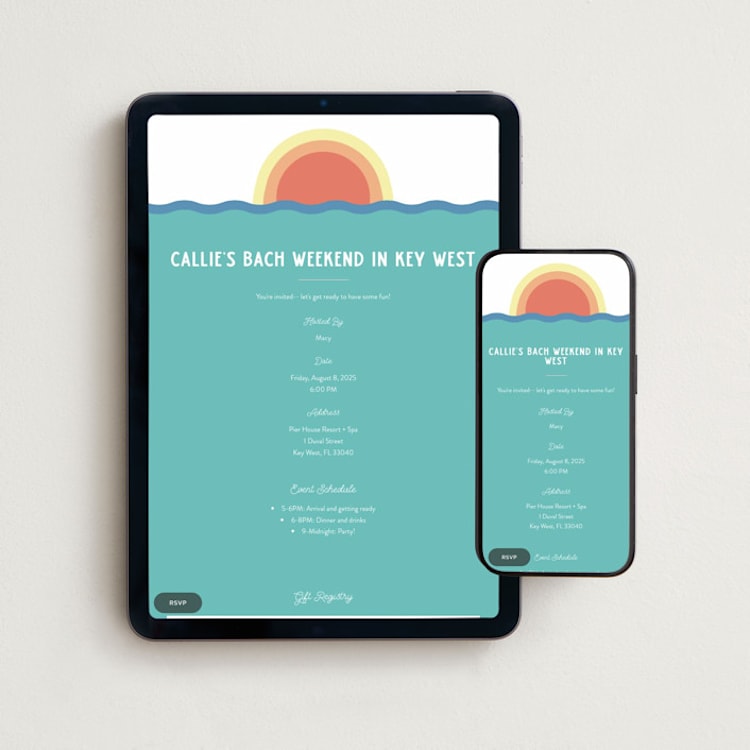 "Laid Back" - Online Bachelorette Party Invitations in Sunset by Emily Sabol Goss - Mobile + desktop layout