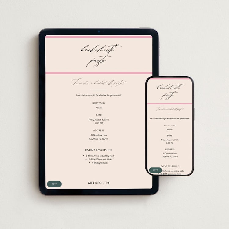 "Chic Party" - Online Bachelorette Party Invitations in Champagne by Angela Thompson - Mobile + desktop layout