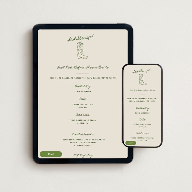 "Saddle Up" - Online Bachelorette Party Invitations in Lasso by Claudia Orengo - Mobile + desktop layout