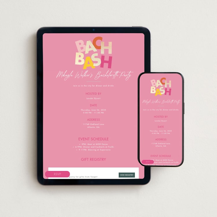 "Bach Bash" - Online Bachelorette Party Invitations in Blush by Angela Garrick - Mobile + desktop layout