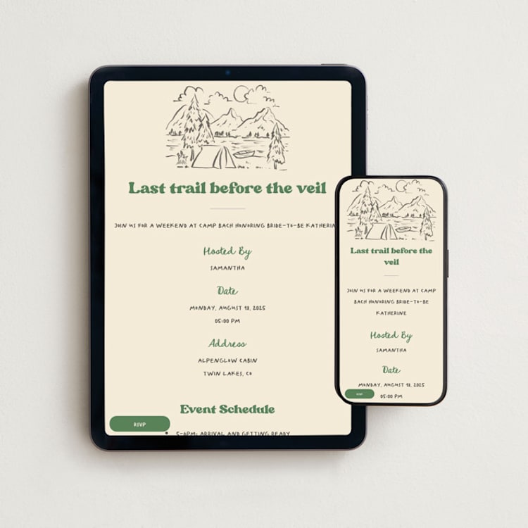 "Camp Bach" - Online Bachelorette Party Invitations in Forest by Creo Study - Mobile + desktop layout