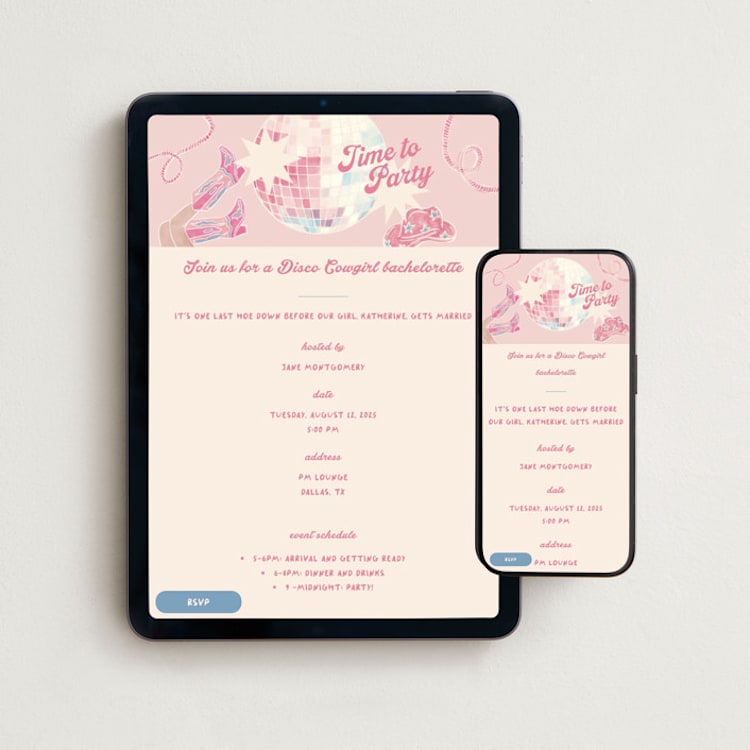 "Disco cowgirl" - Online Bachelorette Party Invitations in Azalea by Creo Study - Mobile + desktop layout