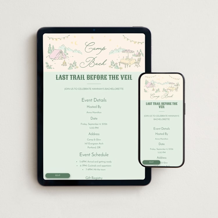 "Camp Bach" - Online Bachelorette Party Invitations in Sherbet by Milla Camargo - Mobile + desktop layout