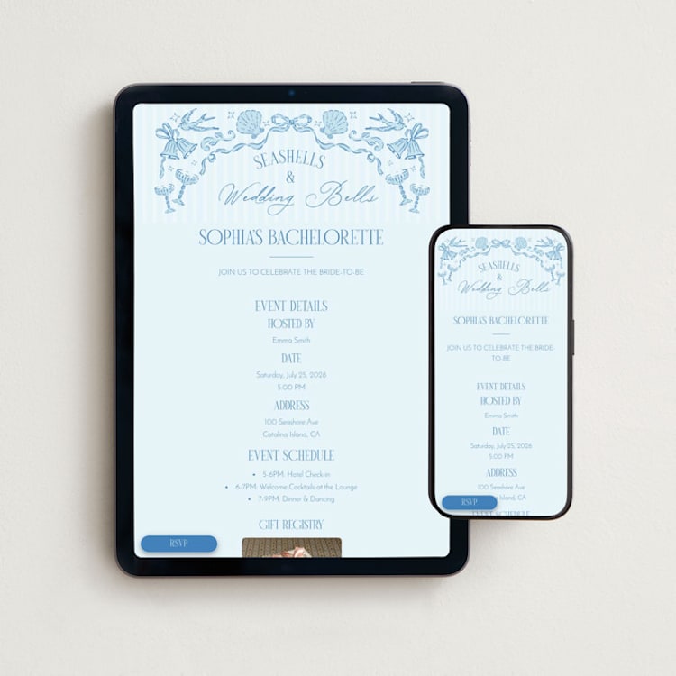 "Seashells & Wedding Bells" - Online Bachelorette Party Invitations in Blue Sky by Milla Camargo - Mobile + desktop layout