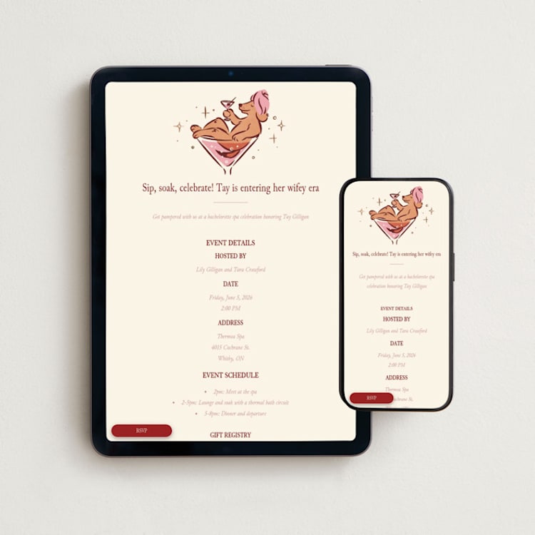 "Sip Soak Celebrate" - Online Bachelorette Party Invitations in Blush by Sam Dubeau - Mobile + desktop layout