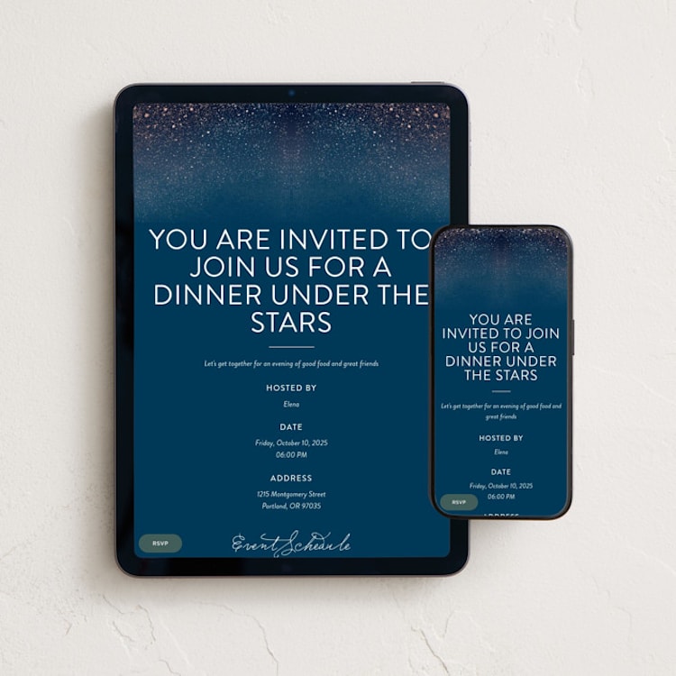 "Star Dust" - Online Dinner and Cocktail Party Invitations in Cobalt by Hooray Creative - Mobile + desktop layout