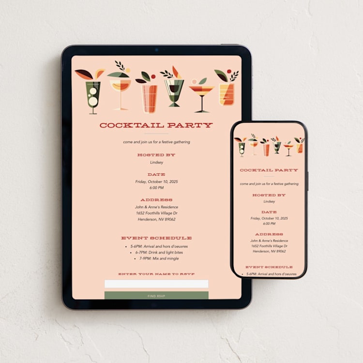 "Mid Mod Party" - Online Dinner and Cocktail Party Invitations in Peach Fizz by Three Kisses Studio - Mobile + desktop layout