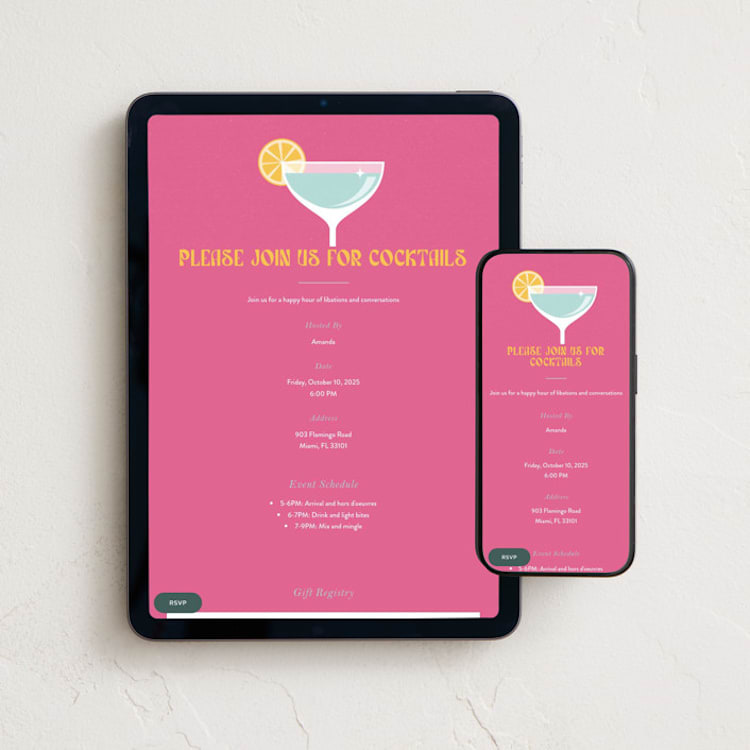"Modern Cocktails" - Online Dinner and Cocktail Party Invitations in Flamingo by Maria Alou - Mobile + desktop layout