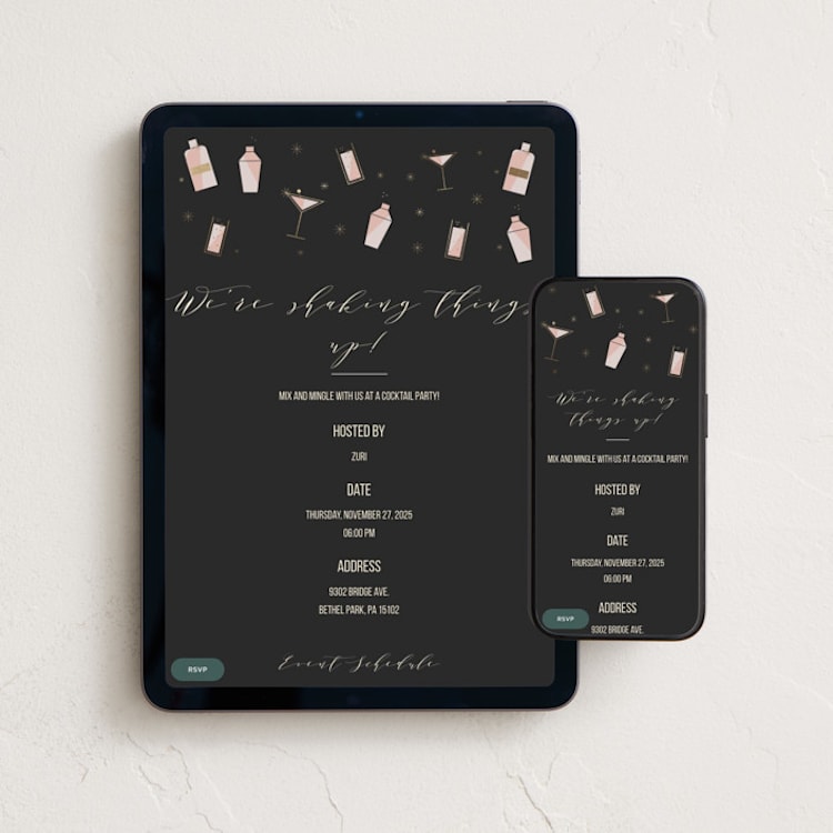"Celebratory Cocktails" - Online Dinner and Cocktail Party Invitations in Ink by Bethan - Mobile + desktop layout
