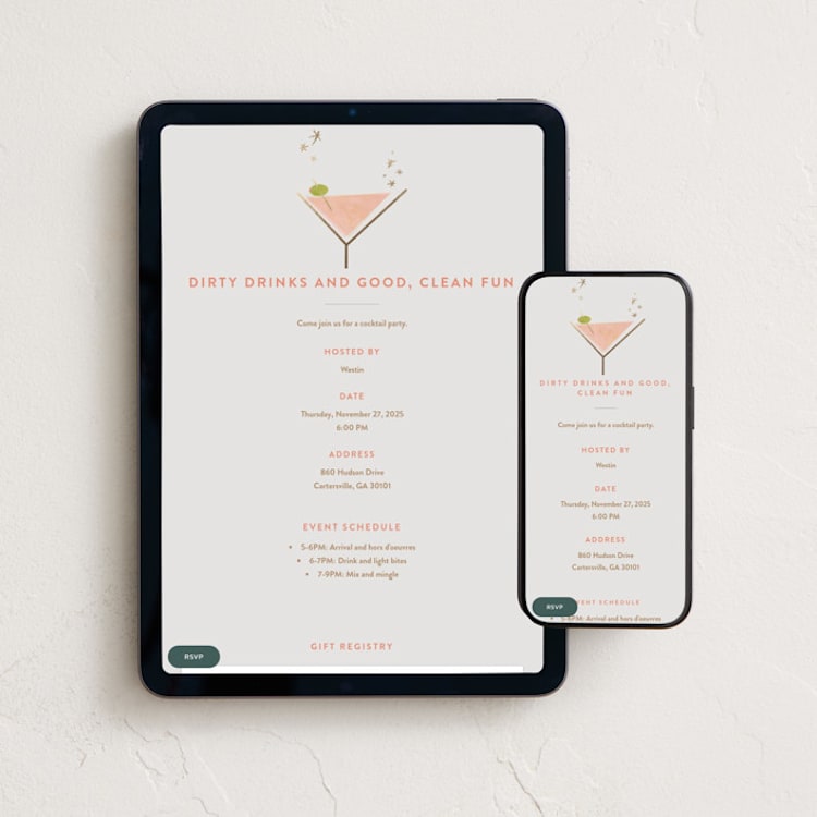 "dirty birthday martini" - Online Dinner and Cocktail Party Invitations in Raspberry by Carolyn Nicks - Mobile + desktop layout