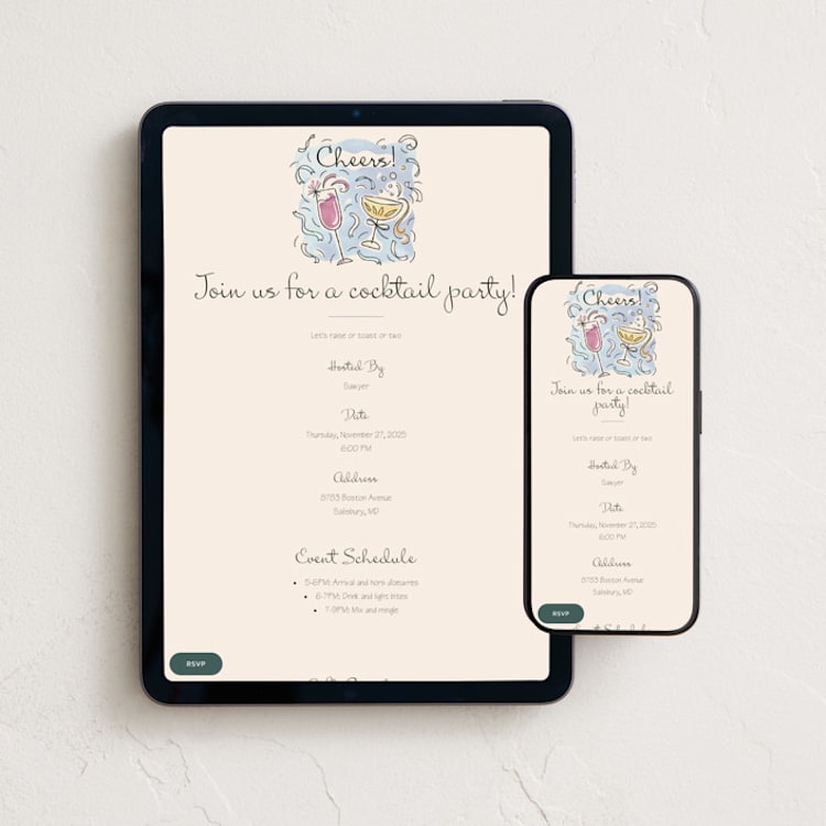 "Shindig" - Online Dinner and Cocktail Party Invitations in Champagne by Paper Sun Studio - Mobile + desktop layout