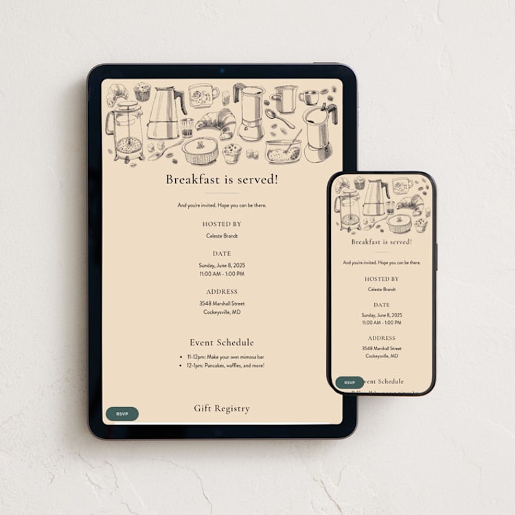 "Breakfast with Coffee" - Online Dinner and Cocktail Party Invitations in Milk Coffee by Catilustre - Mobile + desktop layout