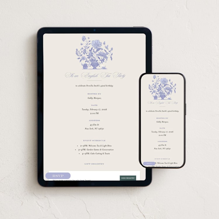 "English Garden" - Online Dinner and Cocktail Party Invitations in Butterfly Pea by Grae - Mobile + desktop layout