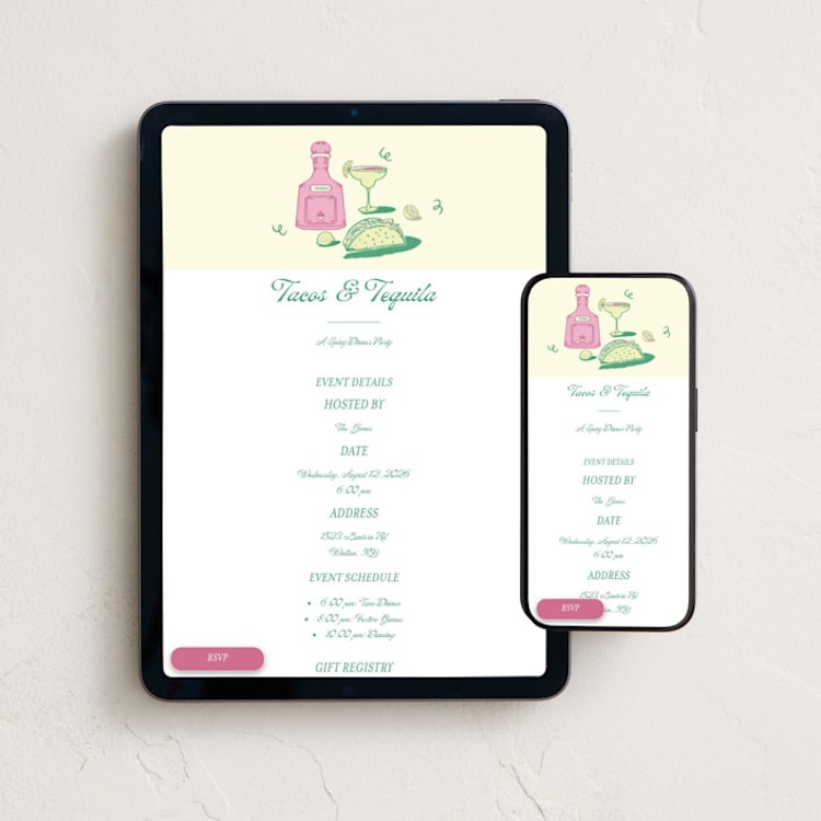 "Tacos & Tequila" - Online Dinner and Cocktail Party Invitations in Lemon Zest by Tasha Meurer - Mobile + desktop layout