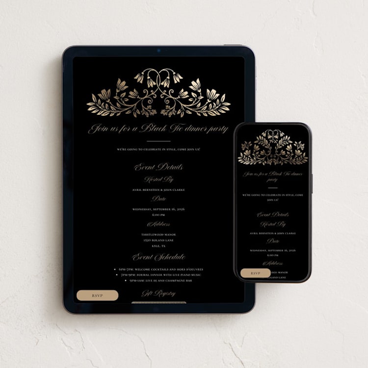 "Leafy Crest" - Online Dinner and Cocktail Party Invitations in Ebony by Anna Black - Mobile + desktop layout