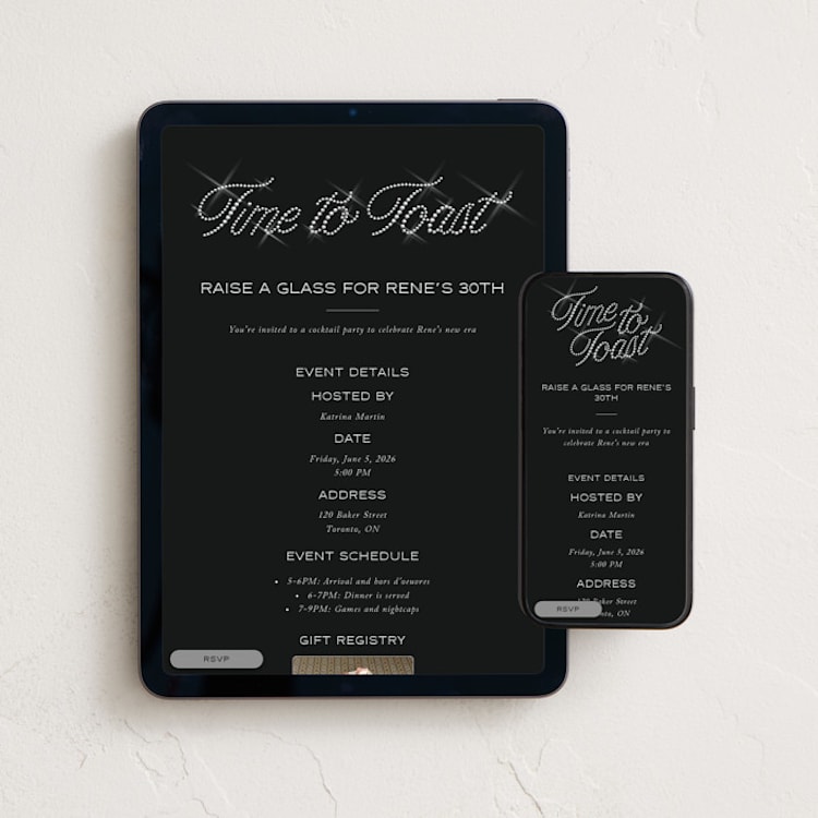 "Time to Toast" - Online Dinner and Cocktail Party Invitations in Eclipse by Sam Dubeau - Mobile + desktop layout