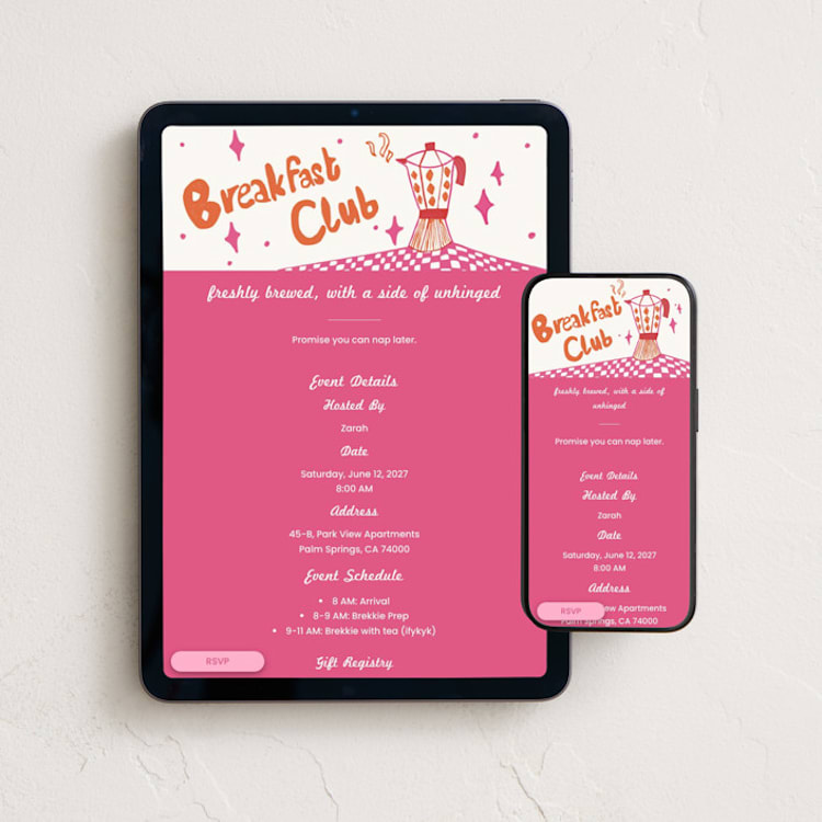"Breakfast Club" - Online Dinner and Cocktail Party Invitations in Petal by The Fig Studio - Mobile + desktop layout