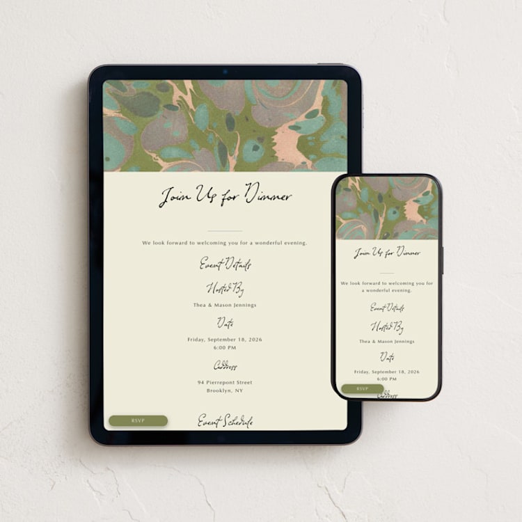 "Marbled Editorial" - Online Dinner and Cocktail Party Invitations in Sage by Leia Matt - Mobile + desktop layout