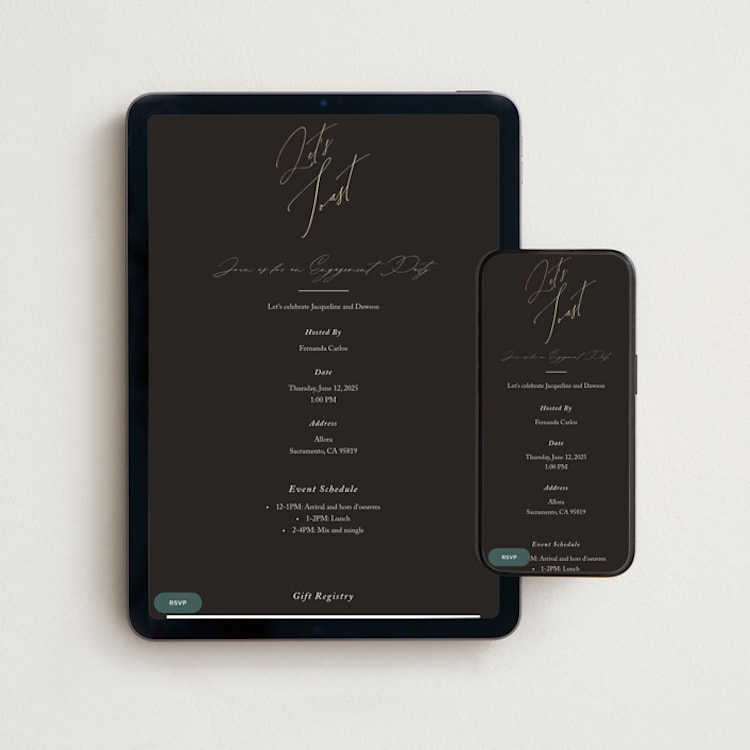 "Sparkled Toast" - Online Engagement Party Invitations in Cognac by Christie Garcia - Mobile + desktop layout