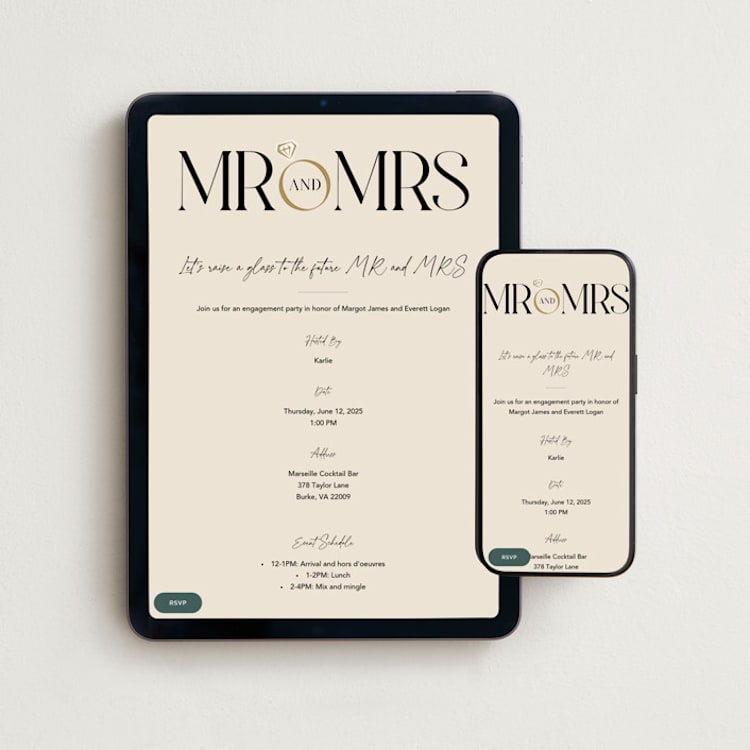 "Mr. & Mrs." - Online Engagement Party Invitations in Buttercream by Robert and Stella - Mobile + desktop layout