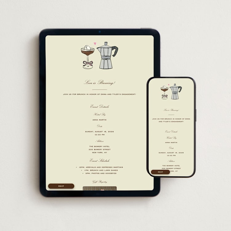 "Espresso" - Online Engagement Party Invitations in Cream by Jennifer Lew - Mobile + desktop layout