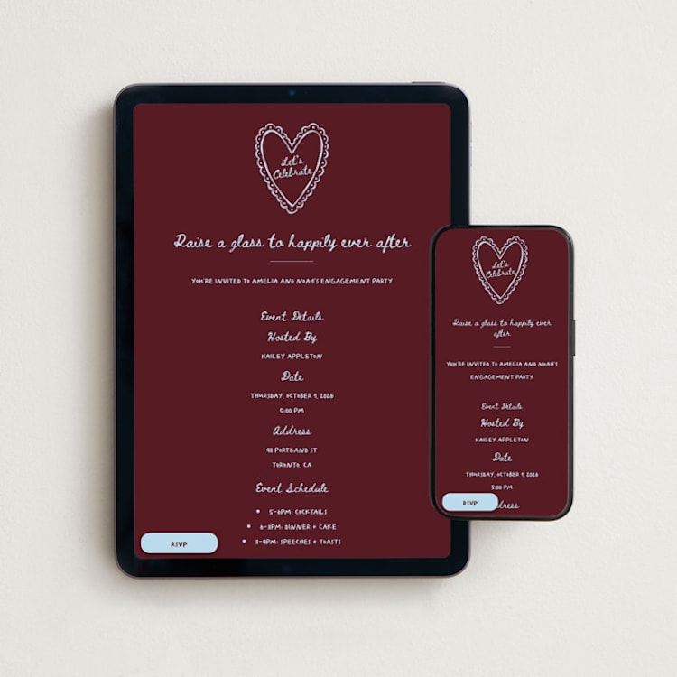 "Ink Chic" - Online Engagement Party Invitations in Merlot Sky by Sam Dubeau - Mobile + desktop layout