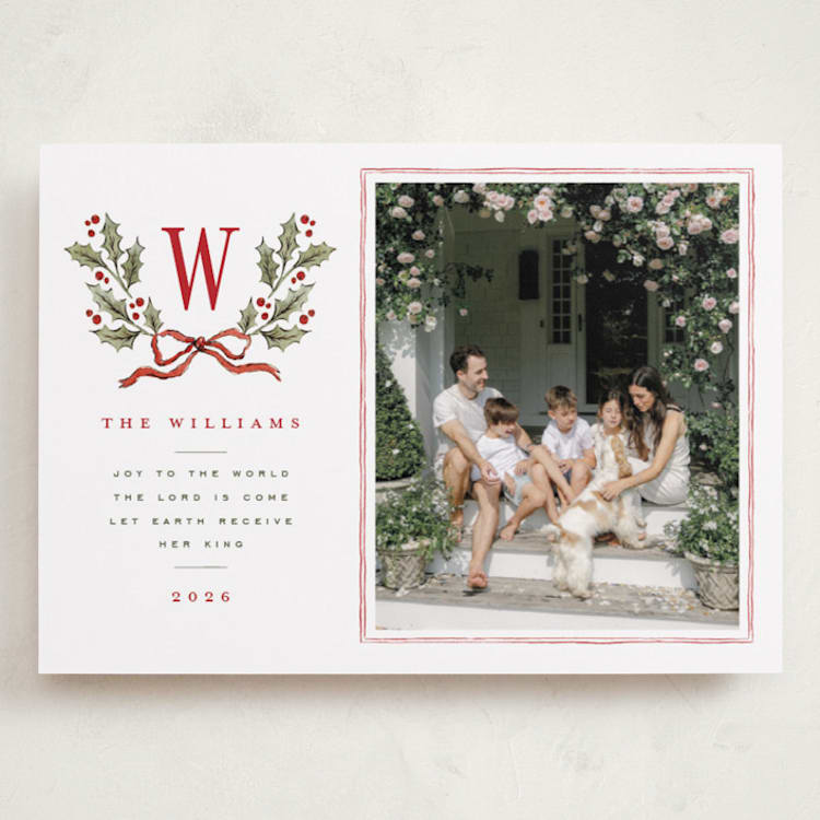 "Holly Monogram" - Holiday Cards in Holly Berry by Wildfield Paper Co - Front