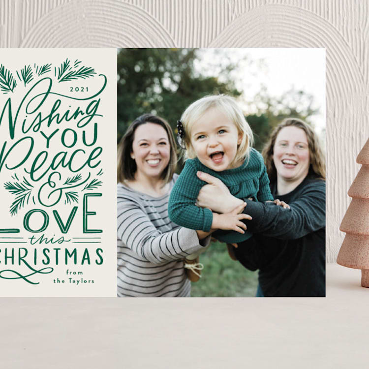 "Peace and Love Lettered" - Holiday Cards in Evergreen by Alethea and Ruth - Front