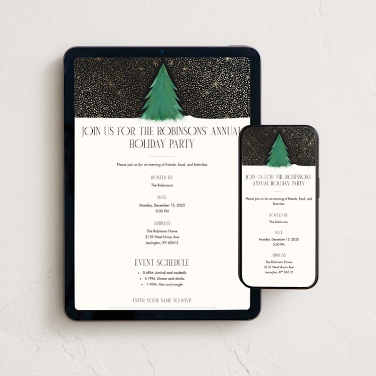 "Snowfall" - Online Holiday Party Invitations in Night Sky by Julie Murray - Mobile + desktop layout