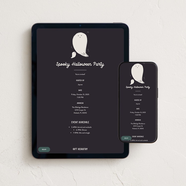 "Ghosts" - Online Holiday Party Invitations in Night by Gwen Bedat - Mobile + desktop layout