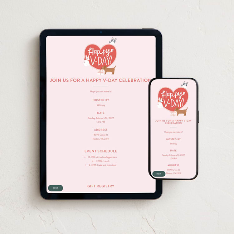 "V-Day Pups" - Online Holiday Party Invitations in Blush by Itsy Belle Studio - Mobile + desktop layout