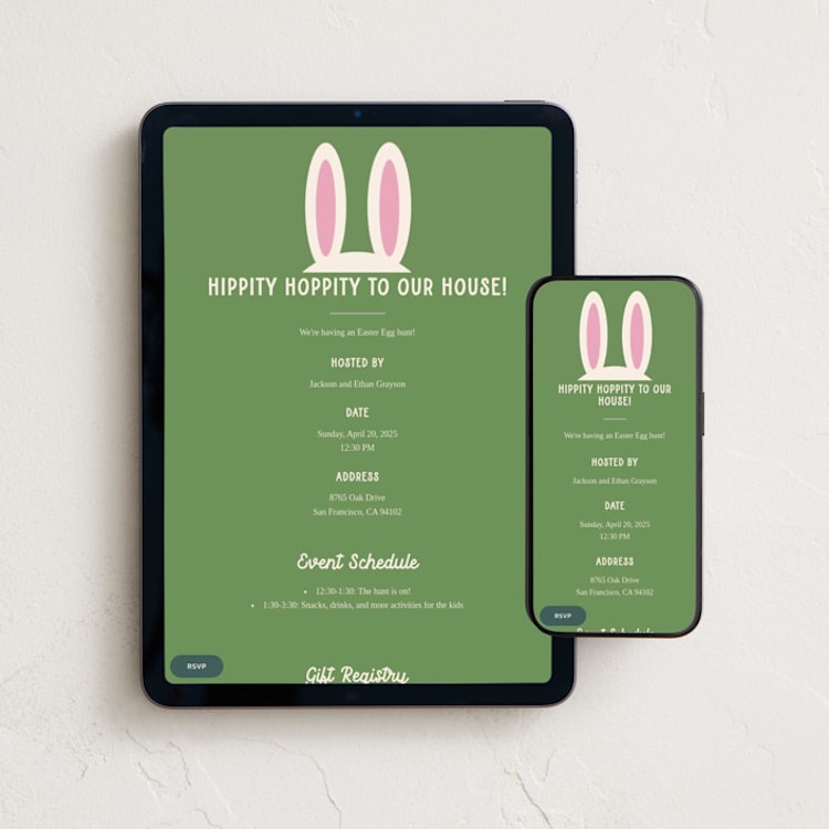 "Rabbit Ears" - Online Holiday Party Invitations in Evergreen by Morgan Kendall - Mobile + desktop layout