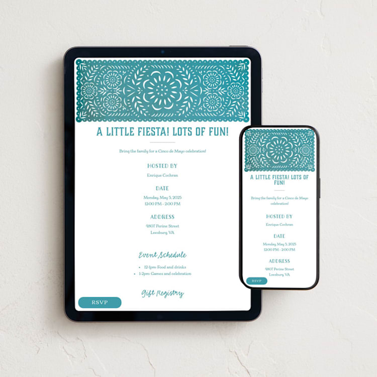 "Papel Picado Fiesta" - Online Holiday Party Invitations in Teal by Hooray Creative - Mobile + desktop layout