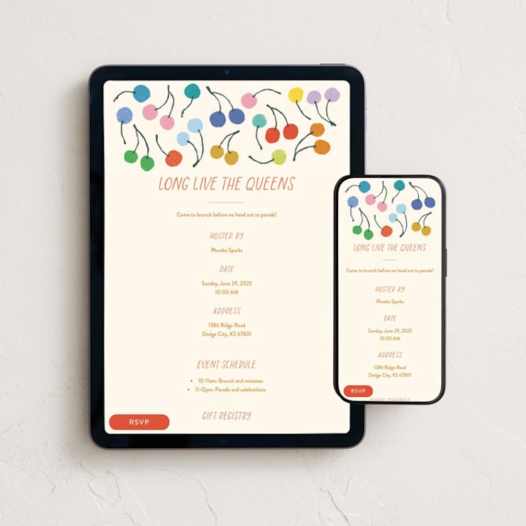 "Cherries" - Online Holiday Party Invitations in Rainbow by Kelly Watkins - Mobile + desktop layout