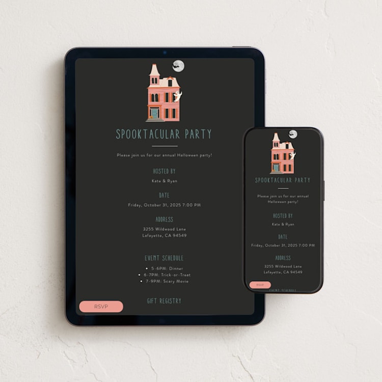 "Haunted House" - Online Holiday Party Invitations in Cotton Candy by Morgan Kendall - Mobile + desktop layout