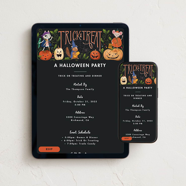"Trick or Treat Animals" - Online Holiday Party Invitations in Chalkboard by Becky Nimoy - Mobile + desktop layout