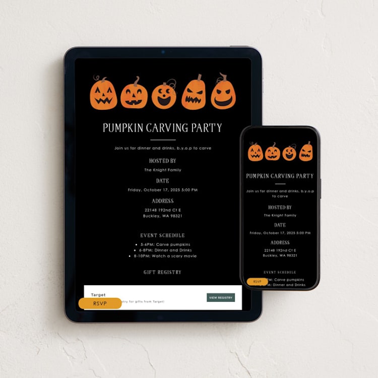 "Pumpkin Halloween" - Online Holiday Party Invitations in Midnight by Angela Garrick - Mobile + desktop layout