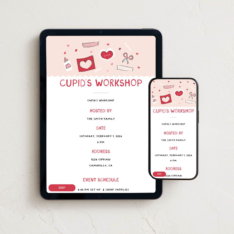 "Cupids workshop" - Online Holiday Party Invitations in Cherry by Kamala Nahas - Mobile + desktop layout