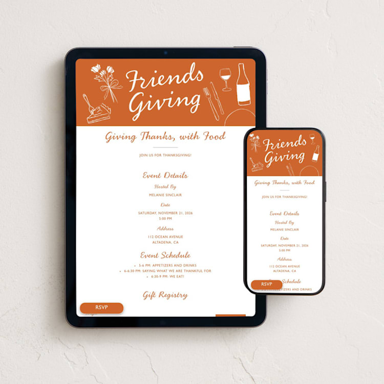 "Friends Giving" - Online Holiday Party Invitations in Apricot by Zani van Zyl - Mobile + desktop layout
