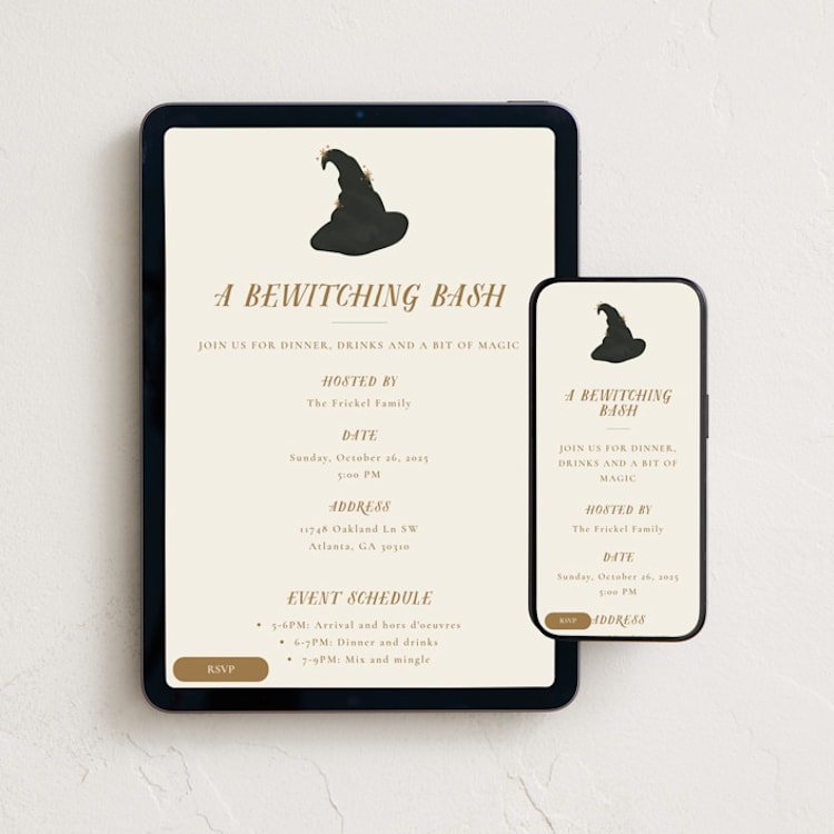 "Bewitching bash" - Online Holiday Party Invitations in Golden by Angela Garrick - Mobile + desktop layout