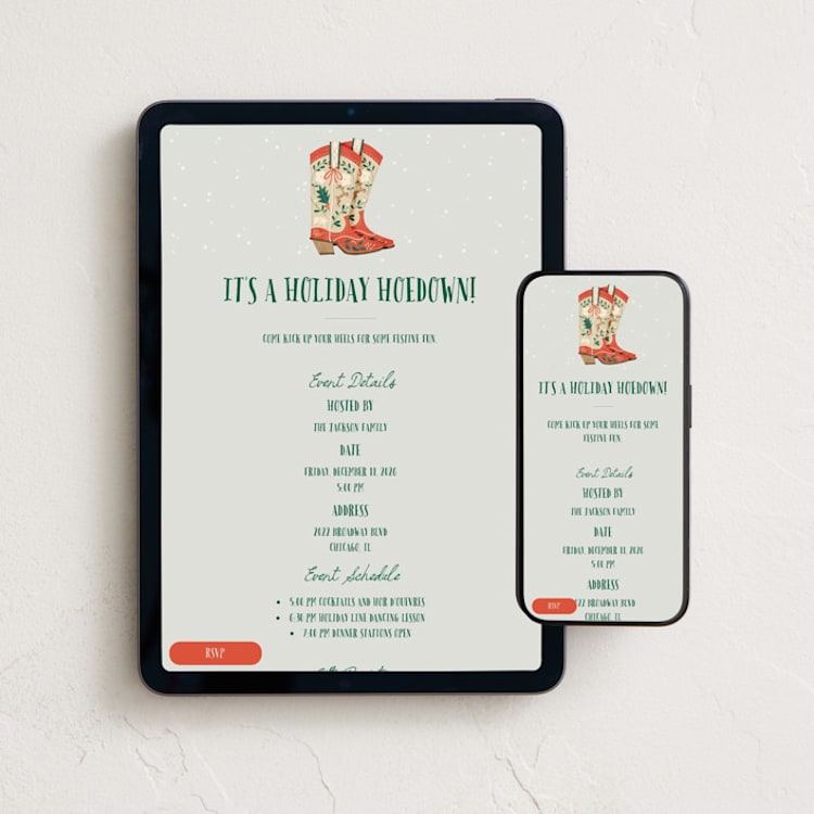 "Howdy Holidays Boots" - Online Holiday Party Invitations in Fog by Leia Matt - Mobile + desktop layout