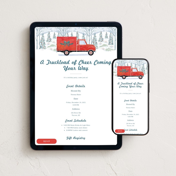 "Moving Along" - Online Holiday Party Invitations in Pomegranate by Paper Sun Studio - Mobile + desktop layout