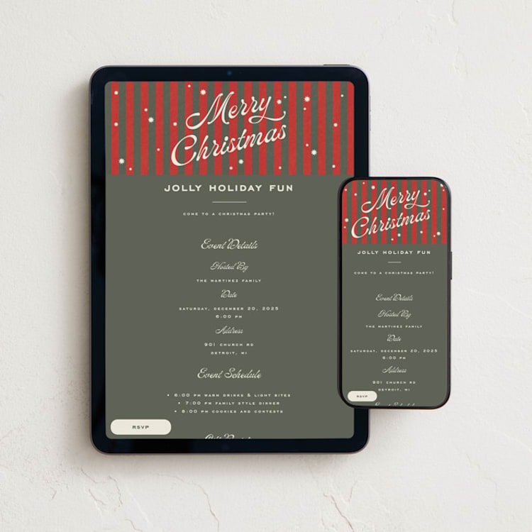 "Retro Candy Stripe" - Online Holiday Party Invitations in Garland by Wildfield Paper Co - Mobile + desktop layout