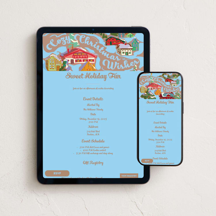 "Cozy Winter Village" - Online Holiday Party Invitations in Glacier by Jess Franks - Mobile + desktop layout