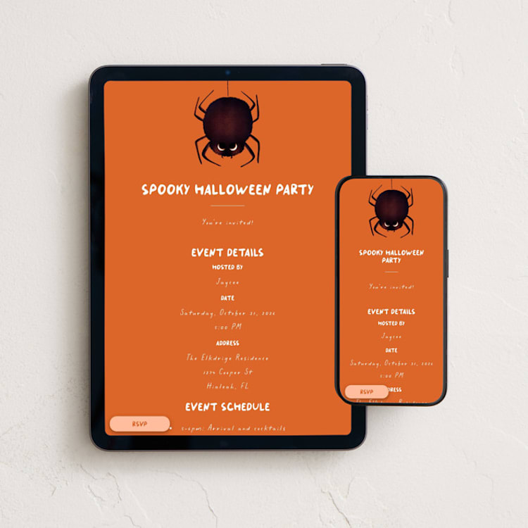 "Spidey" - Online Holiday Party Invitations in Pumpkin by Gwen Bedat - Mobile + desktop layout